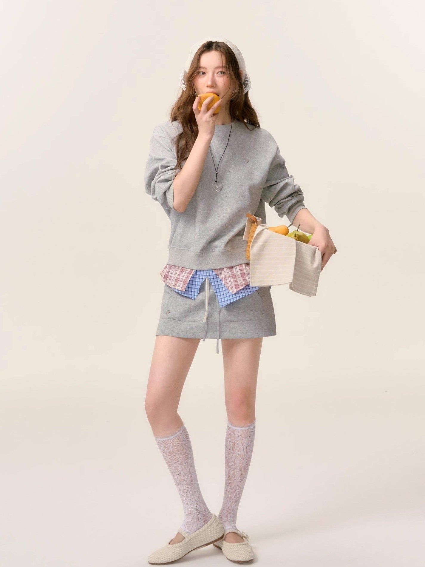SOMESOWE Cotton Crew Long Sleeve Casual Mini Skirt Women Gray Navy Top & Skirt Sets