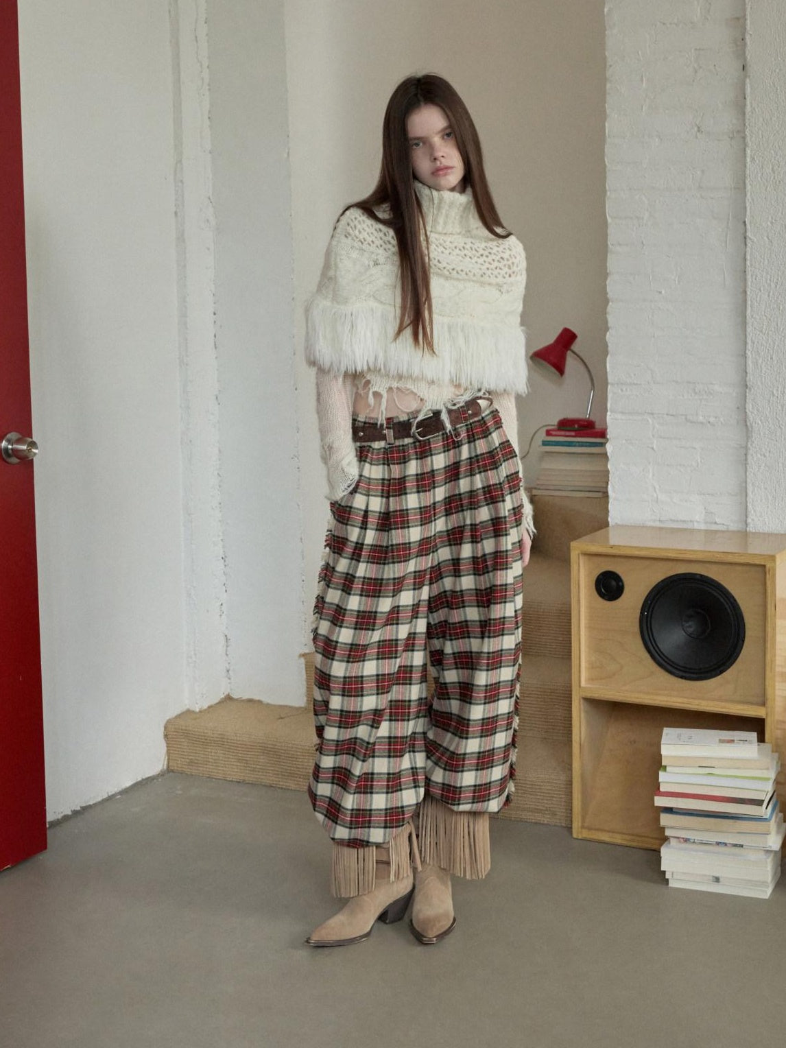 1JINN STUDIO Fringe Polka Dot Cropped High Neck Long Sleeve Women Knitwear Sweaters