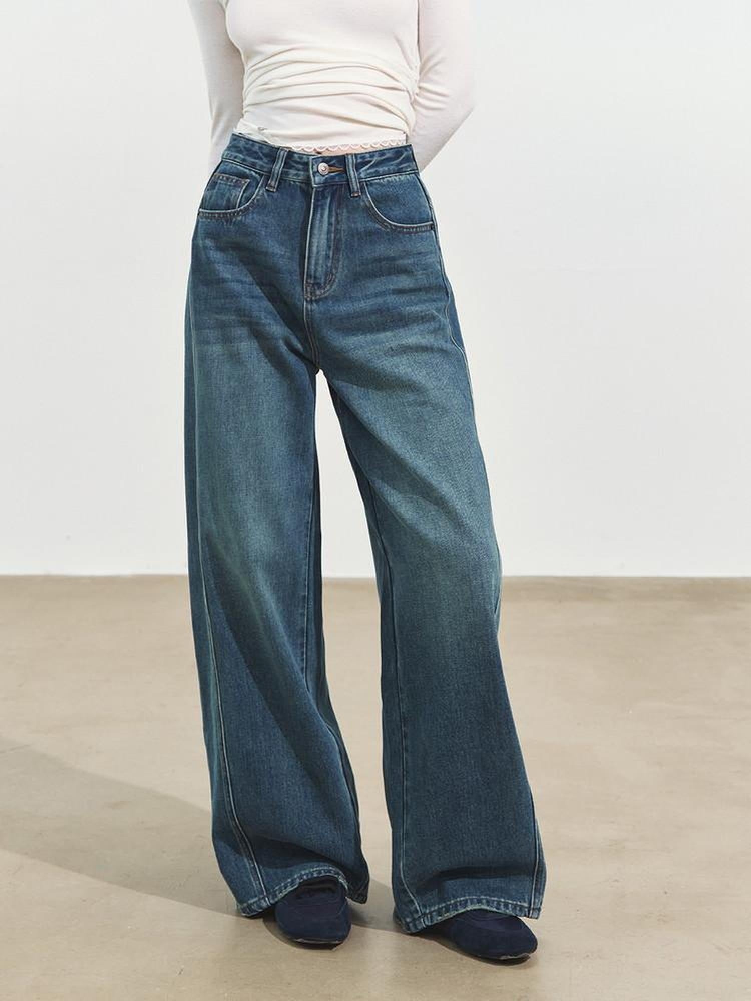 SOMESOWE Shape Retaining Cotton Natural Waist Loose Workwear Women Blue Wide Leg Jeans