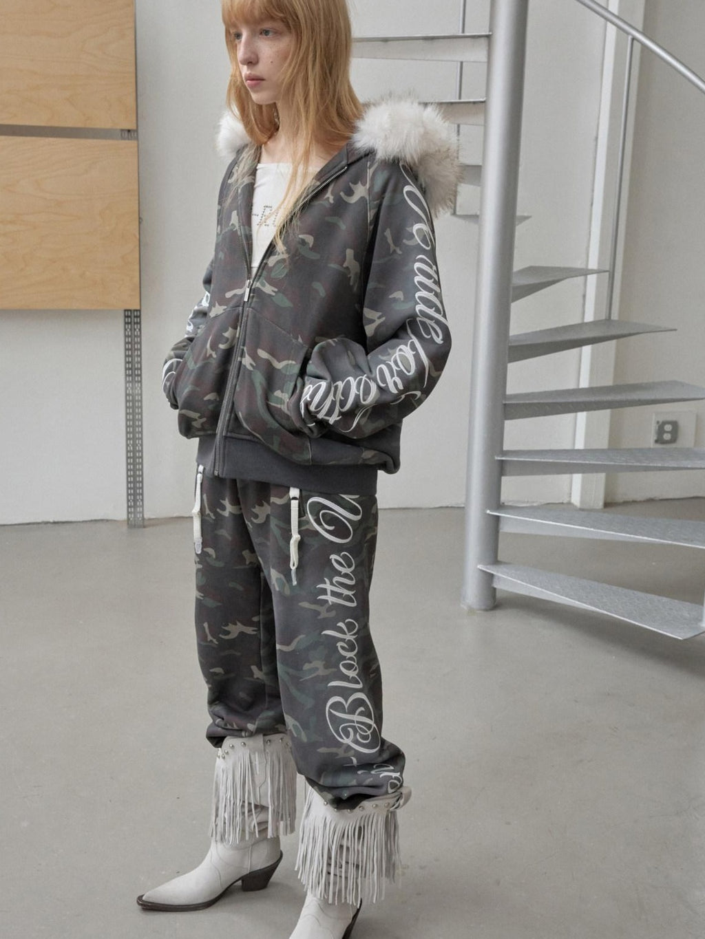 1JINN STUDIO Camouflage Embroidered Cotton Casual Long Sleeve Long Pants Top & Pants Sets
