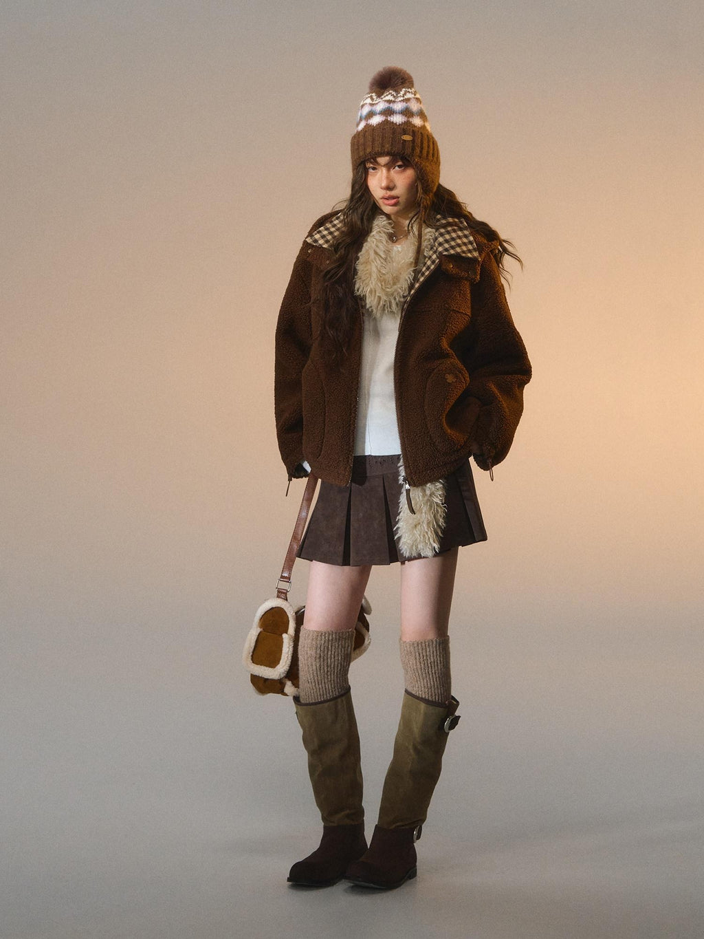 SOMESOWE Reversible Plaid Loose Fit Short Button Women Brown Polyester Jackets