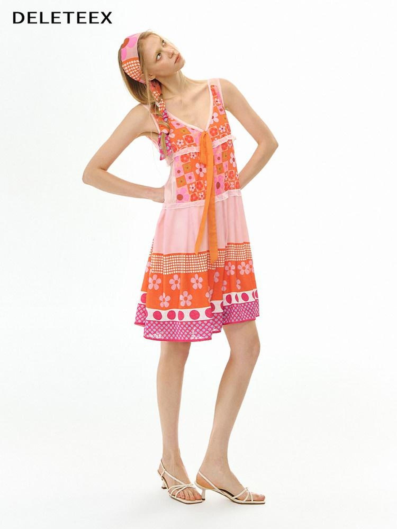 DeleteEx Vibrant Orange Red Floral Print A Line S M L Sizes Women Casual Mini Dresses