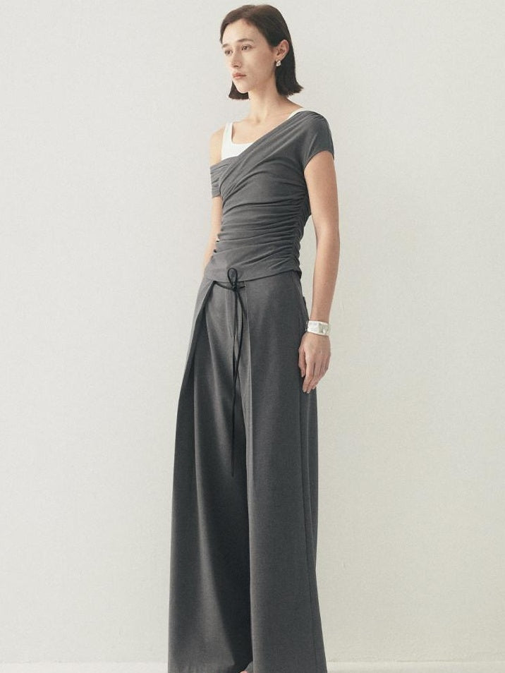 someonesometimes High Waist Stretch Belt Detail Minimalist Polyester Blend Women Wide Leg Pants