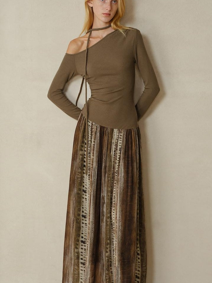 someonesometimes Chiffon Ruched Oil Painting Ombre One Shoulder V-neck A Line Girls Maxi Dresses