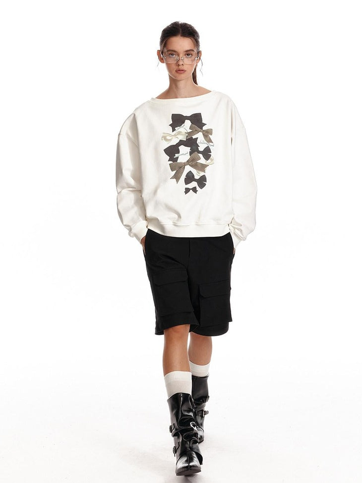 ALINNVSTUDIO Bow Accent Loose Fit Office Round Neck Women White And Gray Sweatshirt