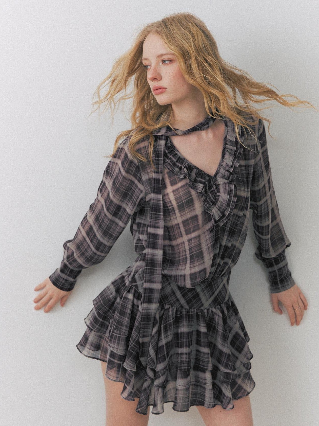 DeleteEx Chic Vintage Asymmetrical V-neck Slim Long Sleeve Plaid Citywalk Mini Dresses
