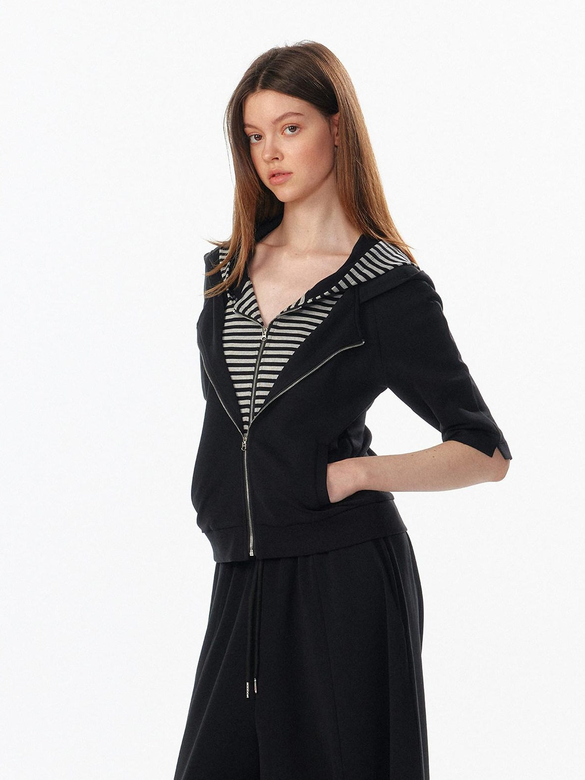 ALINNVSTUDIO Waist Slimming Cropped Zip Patchwork Raglan Hooded Pocket Ribbed Women Hoodie