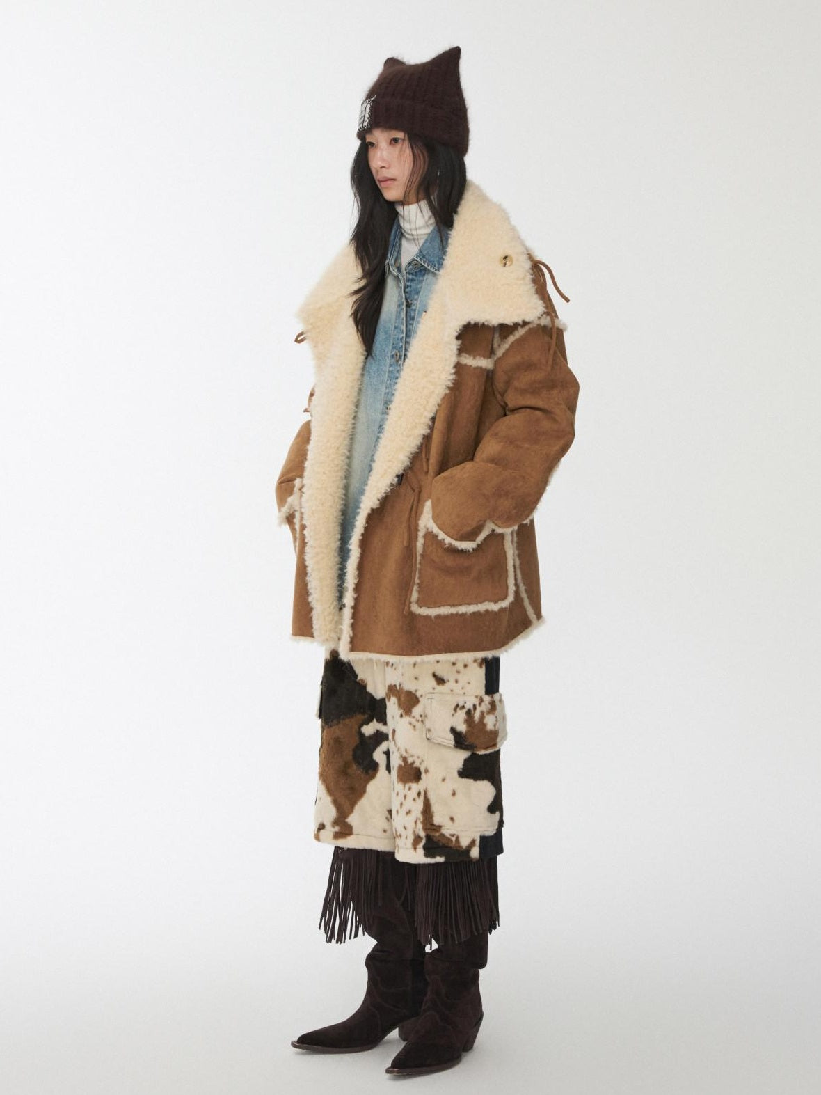1JINN STUDIO Reversible Vintage Stand Collar Short Button Womens Chic Faux Fur Coats