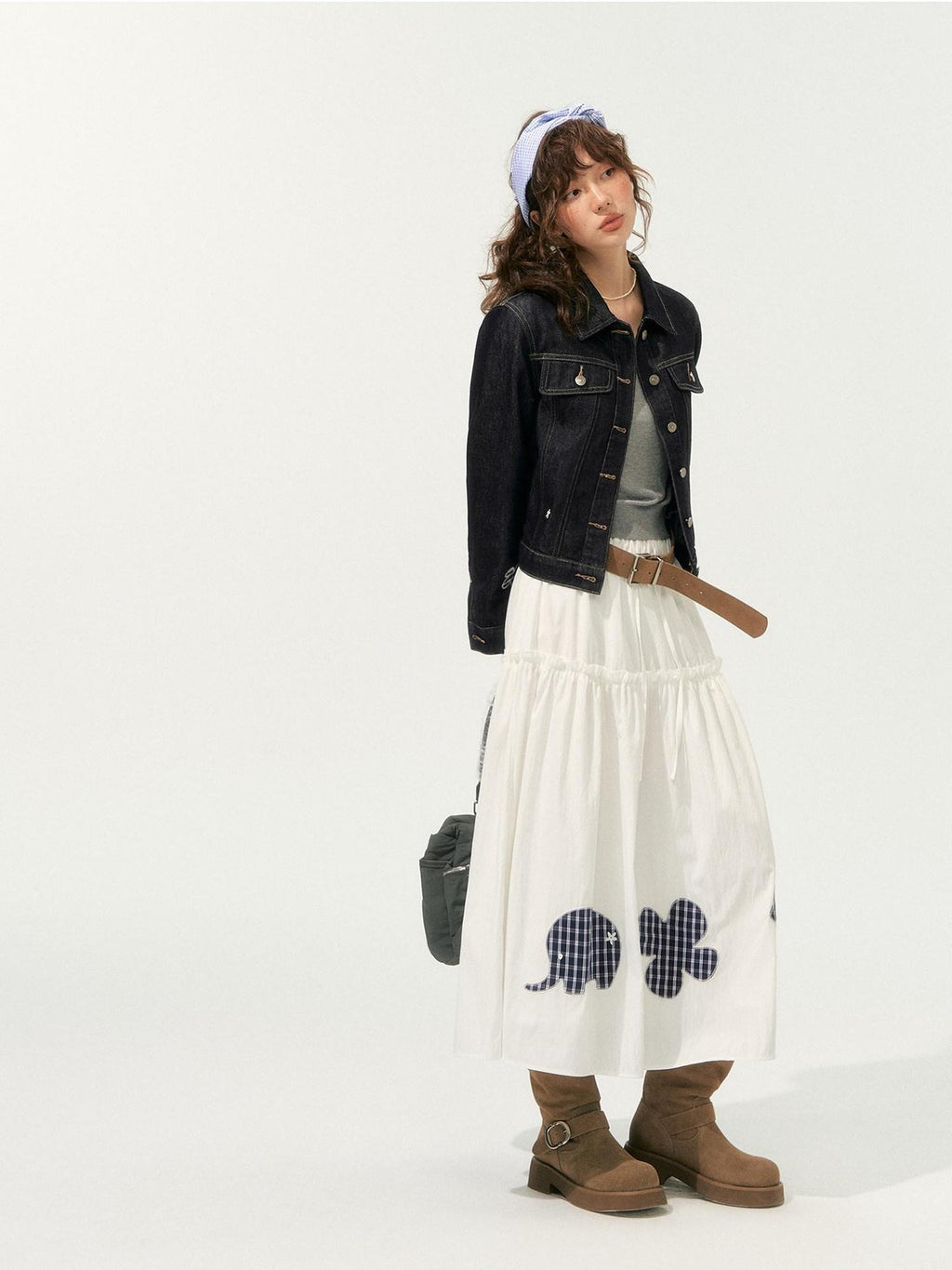 SOMESOWE High Waist French A Line Patch Detail Loose Fit Casual White Maxi Skirts