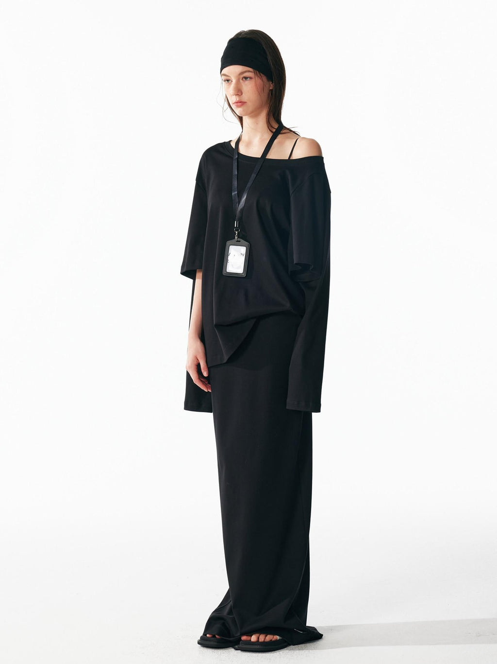 ALINNVSTUDIO Vintage Asymmetric Off Shoulder Loose Cotton Women Black Top & Skirt Sets