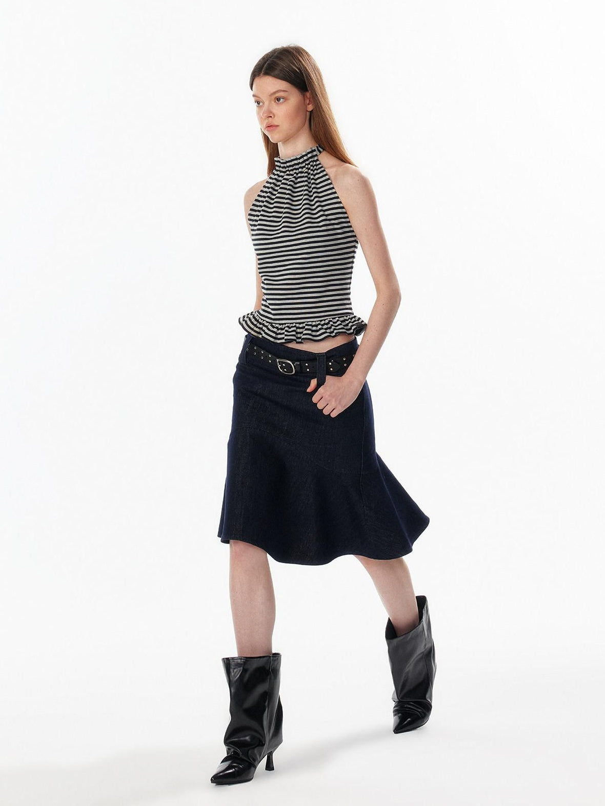 ALINNVSTUDIO Ruffle Trim Cropped Fitted Waist Halter Mock Neck Women Modal Blend Tank Tops