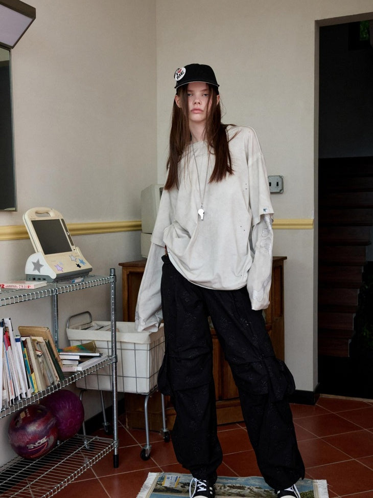 1JINN STUDIO Versatile Minimal Loose Flared Low Rise Zip Fly Cotton Jacquard Cargo Pants