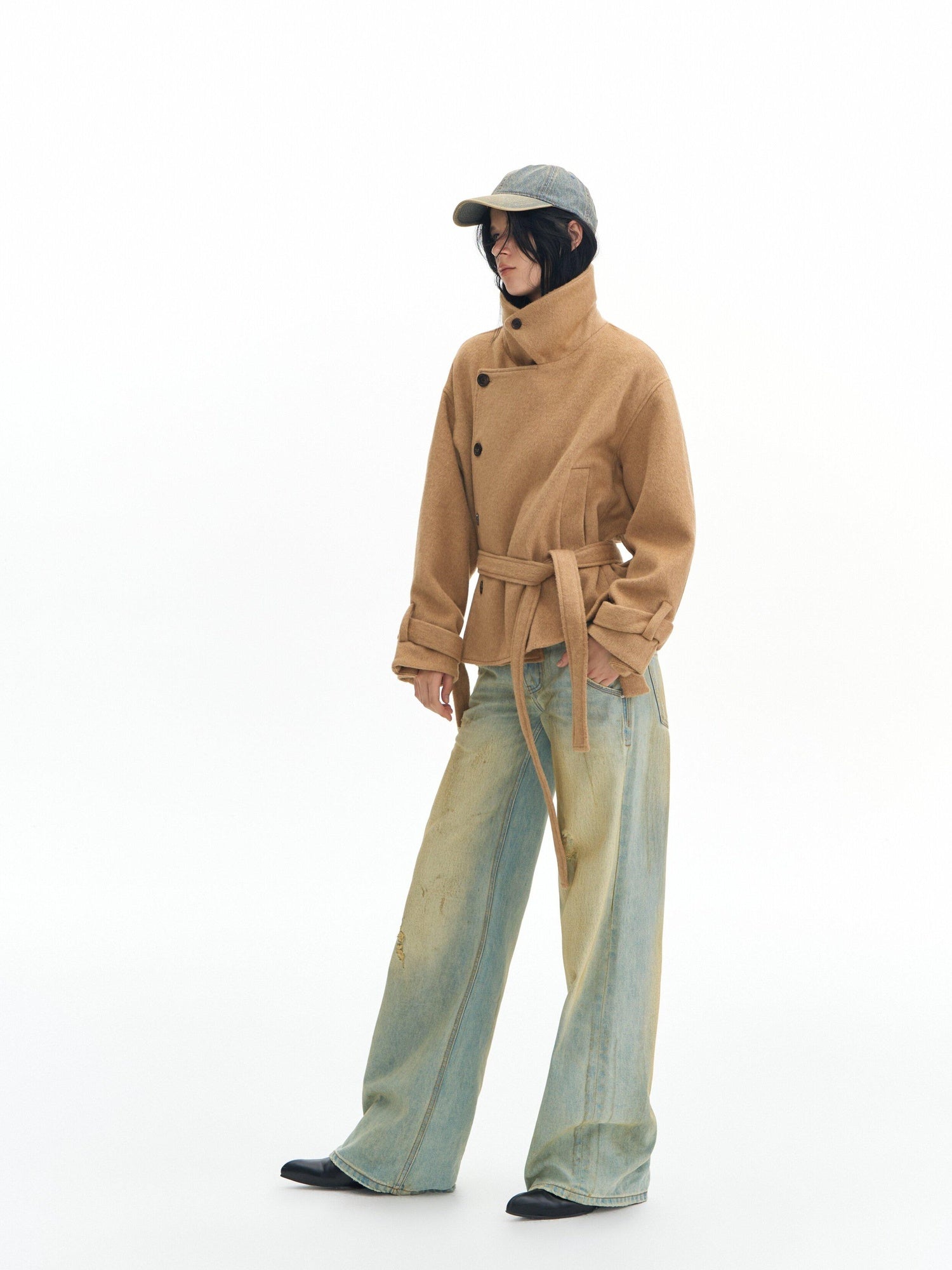 DeleteEx Thick Half Wool Blend American Cropped Lapel Young Women Khaki Wool Coats