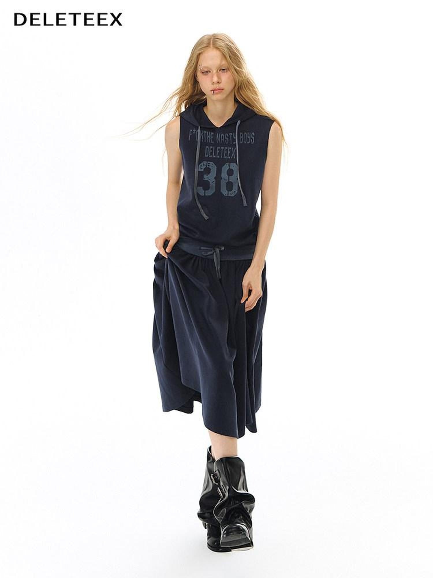 DeleteEx Soft Cotton Blend Elastic Waist Insta Sleeveless Printed Vest Navy Midi Dresses