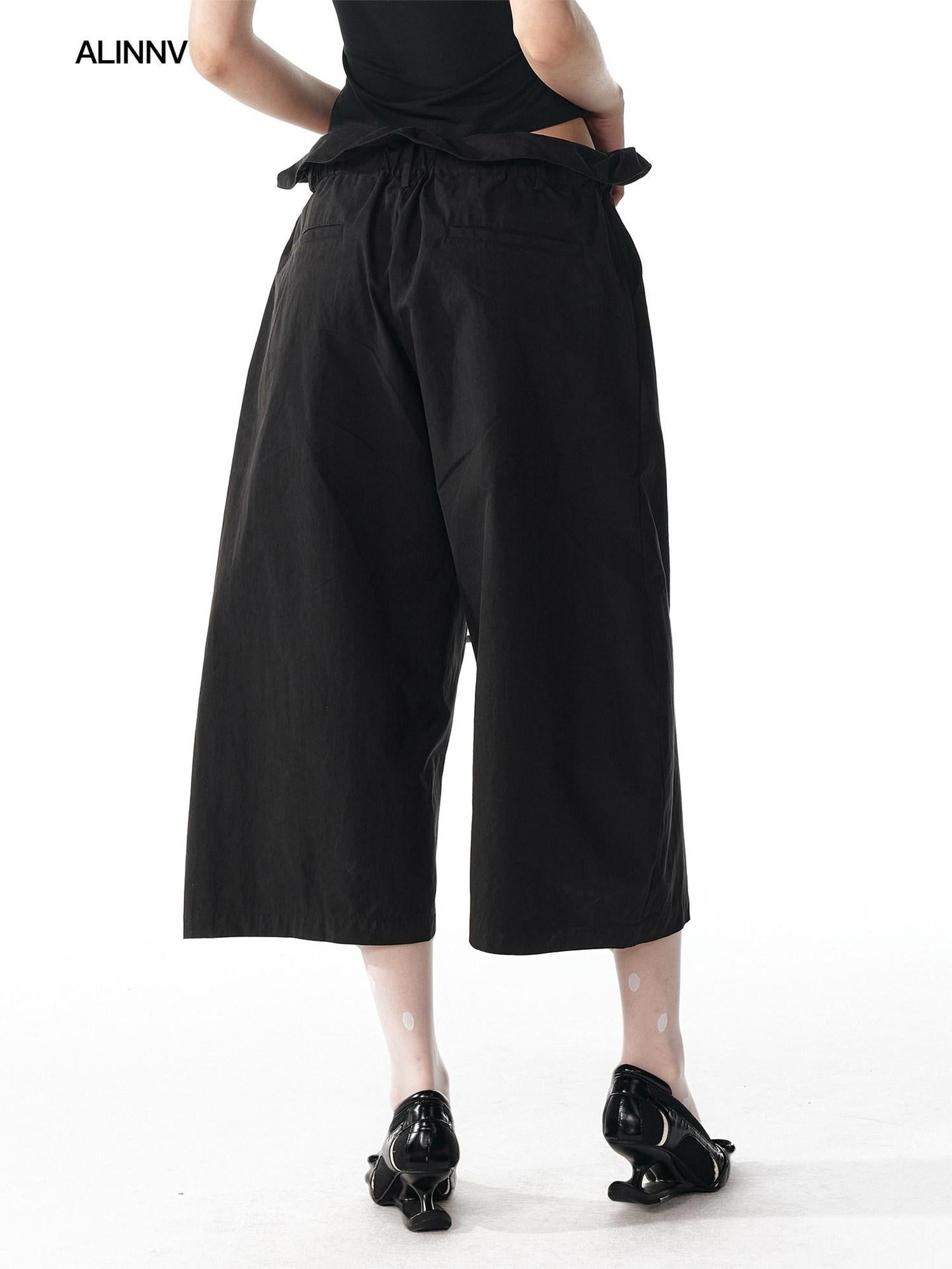 ALINNVSTUDIO Soft Cotton Blend High Waisted Wide Flowing Casual Black White Wide Leg Pants