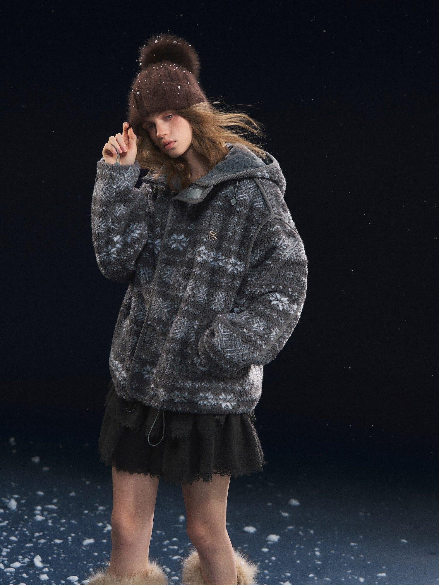 SOMESOWE Cozy Fleece Oversized Hooded Women Outdoor Zip Geometric Gray Jackets