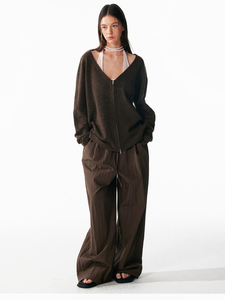 ALINNVSTUDIO Non Deforming Vintage Zip Regular Fit Long Sleeve Women Knit Black Cardigans
