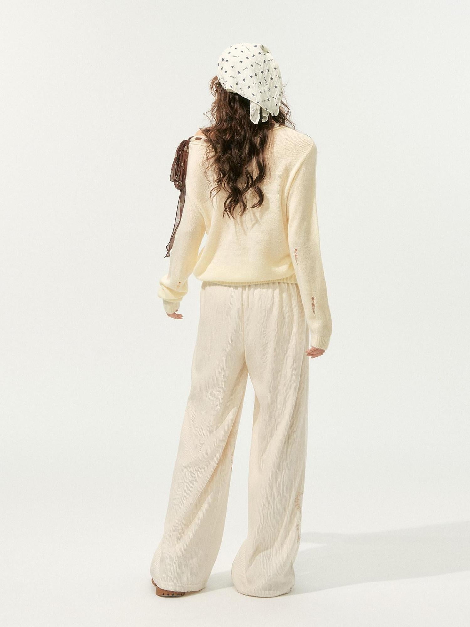 SOMESOWE Pleated Floral Pocket Loose Beige Womens Polyester Wide Leg Pants