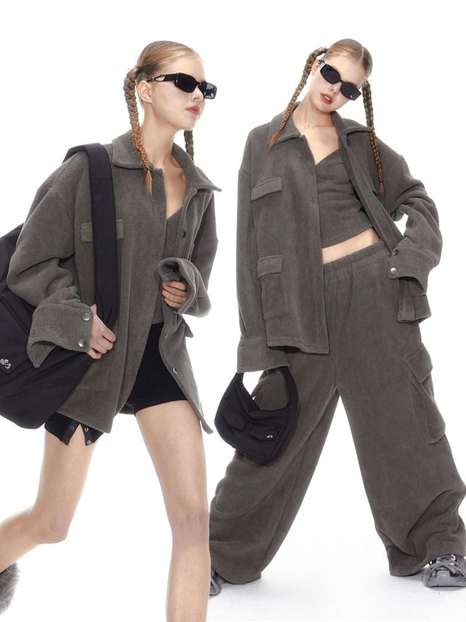 ALINNVSTUDIO Layered Jacket Vest Pants Slim Youth Grey Black Two Tone Top & Pants Sets