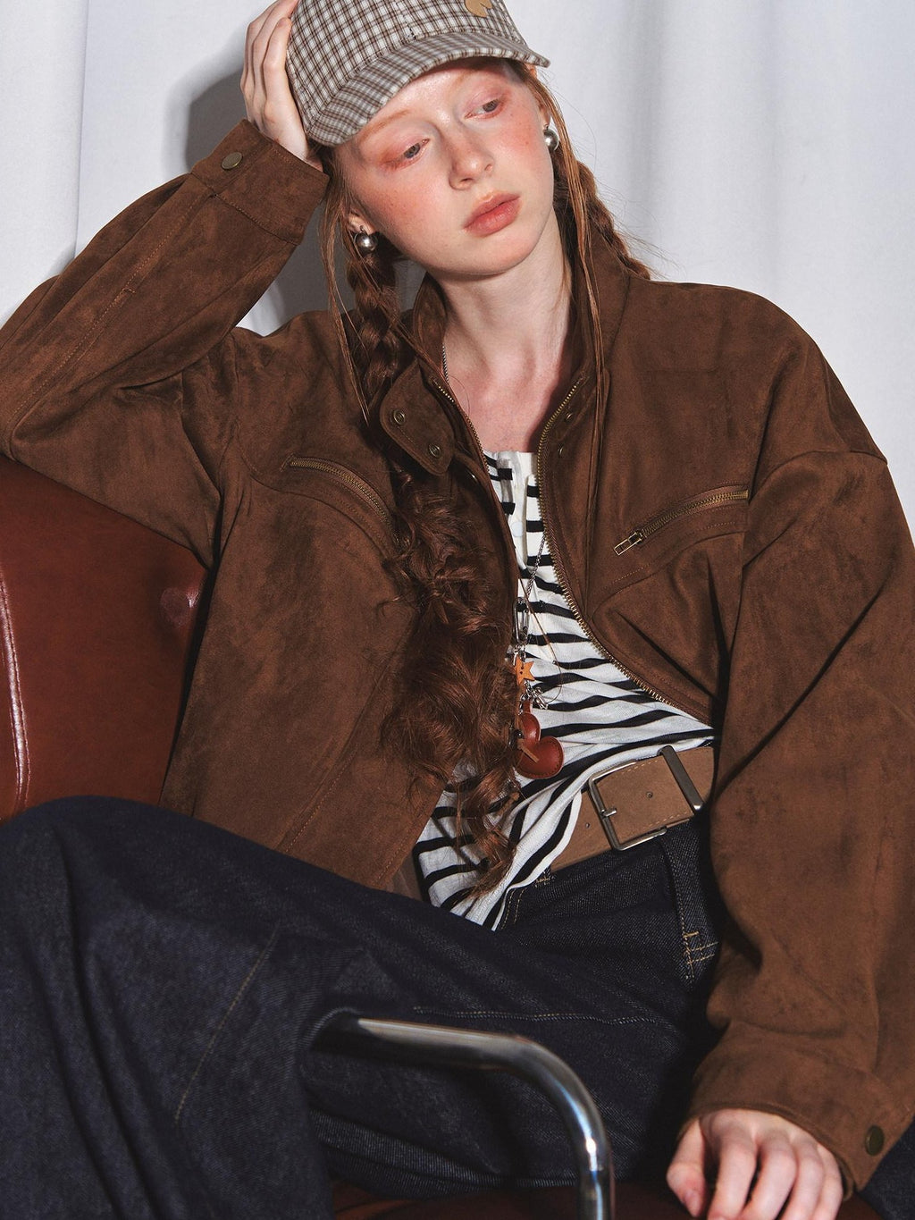 SOMESOWE Pocketed Loose Fit Streetwear Stand Collar Zipper Youth Brown Leather Jackets