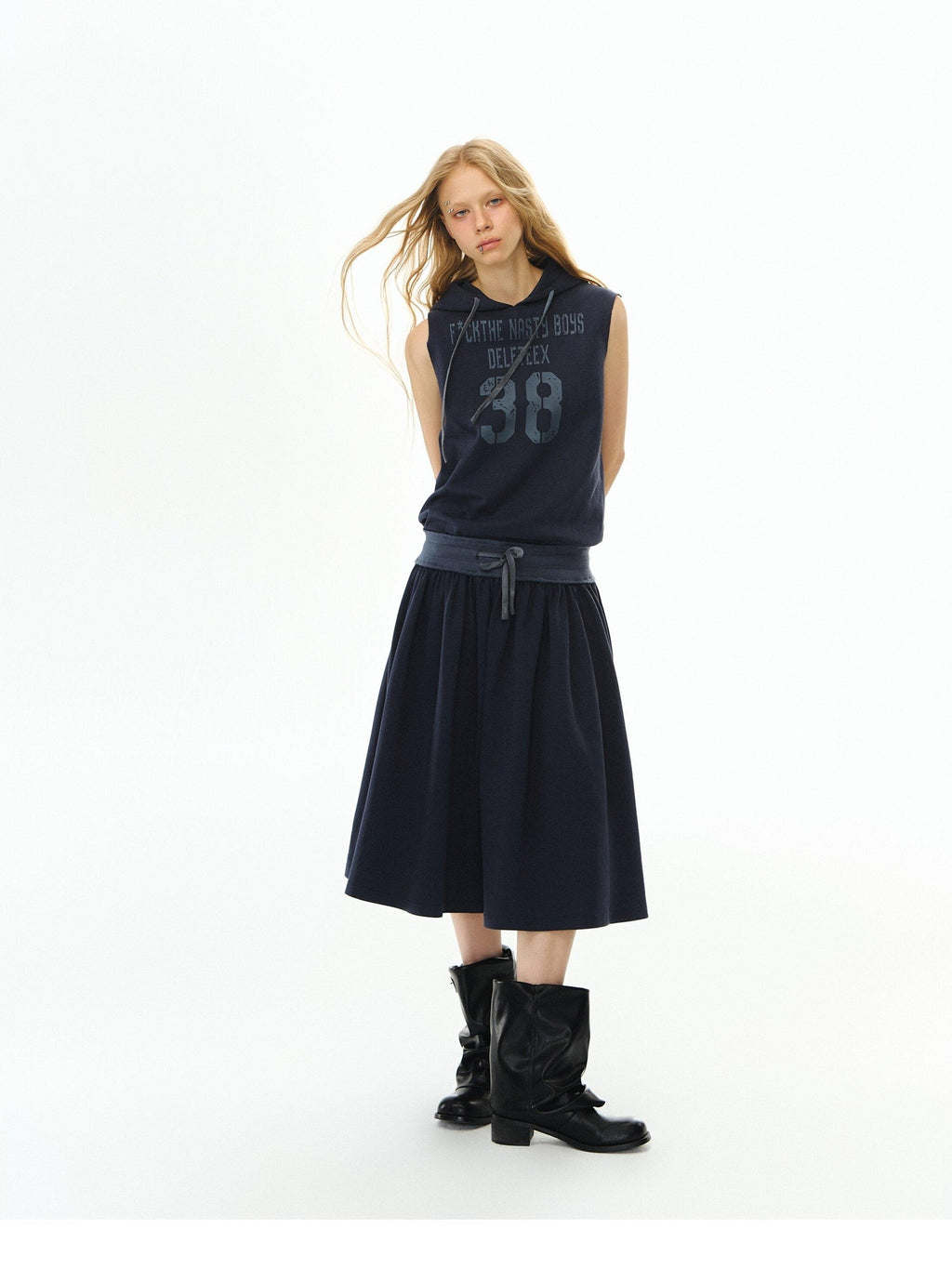 DeleteEx Soft Cotton Blend Elastic Waist Insta Sleeveless Printed Vest Navy Midi Dresses