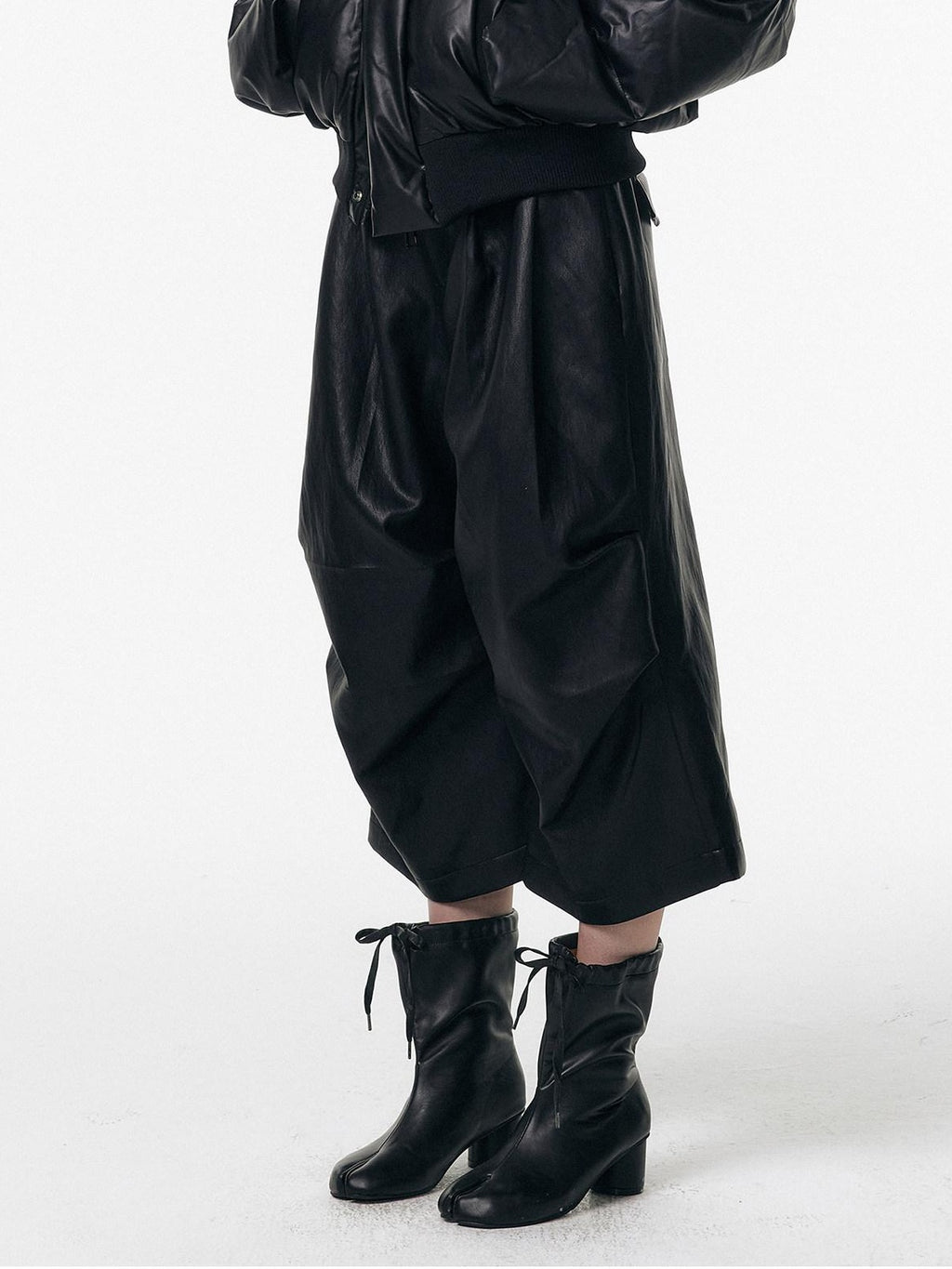 ALINNVSTUDIO Pu Pleated Low Waist Button Fly Irregular Fold Casual Women Black Wide Leg Pants