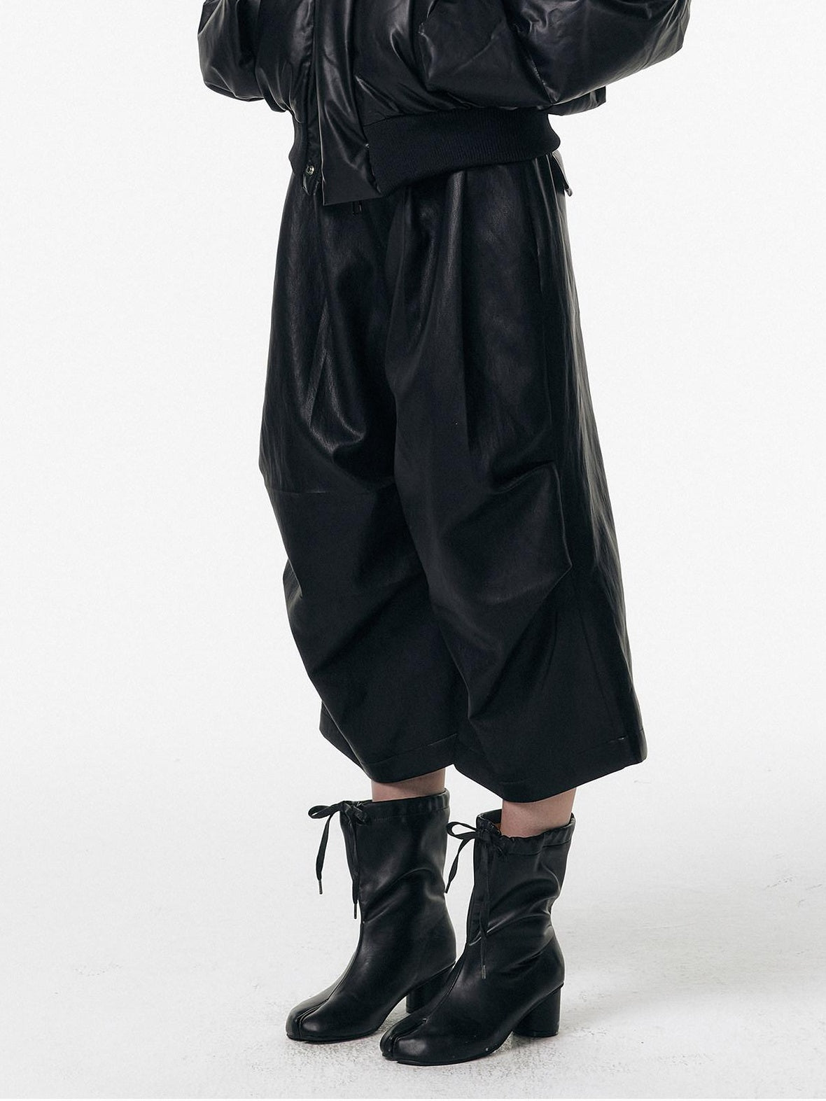 ALINNVSTUDIO Pu Pleated Low Waist Button Fly Irregular Fold Casual Women Black Wide Leg Pants