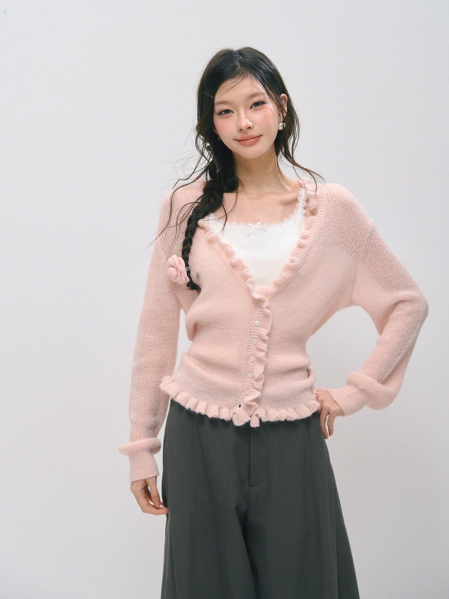 SOMESOWE Soft Acrylic Blend Casual Regular Fit Crewneck Buttoned Women Pink Cardigans