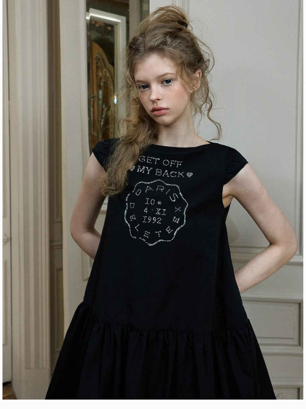 DeleteEx Sweet Flirty Flutter Sleeve Rhinestone Bubble Skirt Date Black Mini Dresses