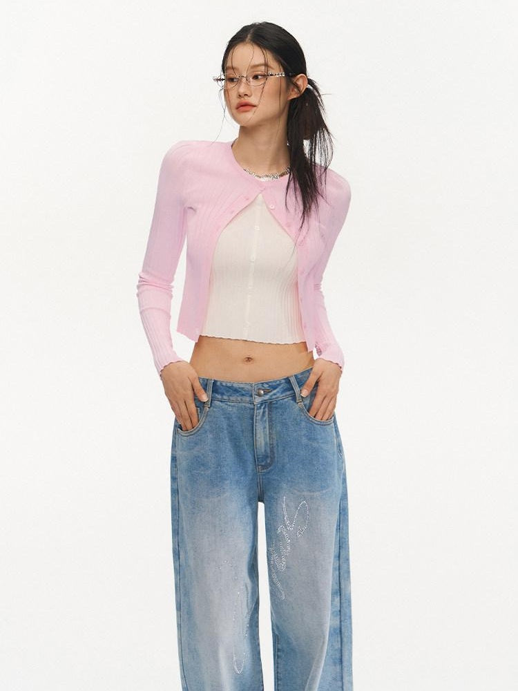 NAWSNOTAWEAR Slim Fit Colorblock Button Cardigan Faux Two Piece Women Long Sleeve Crop Tops