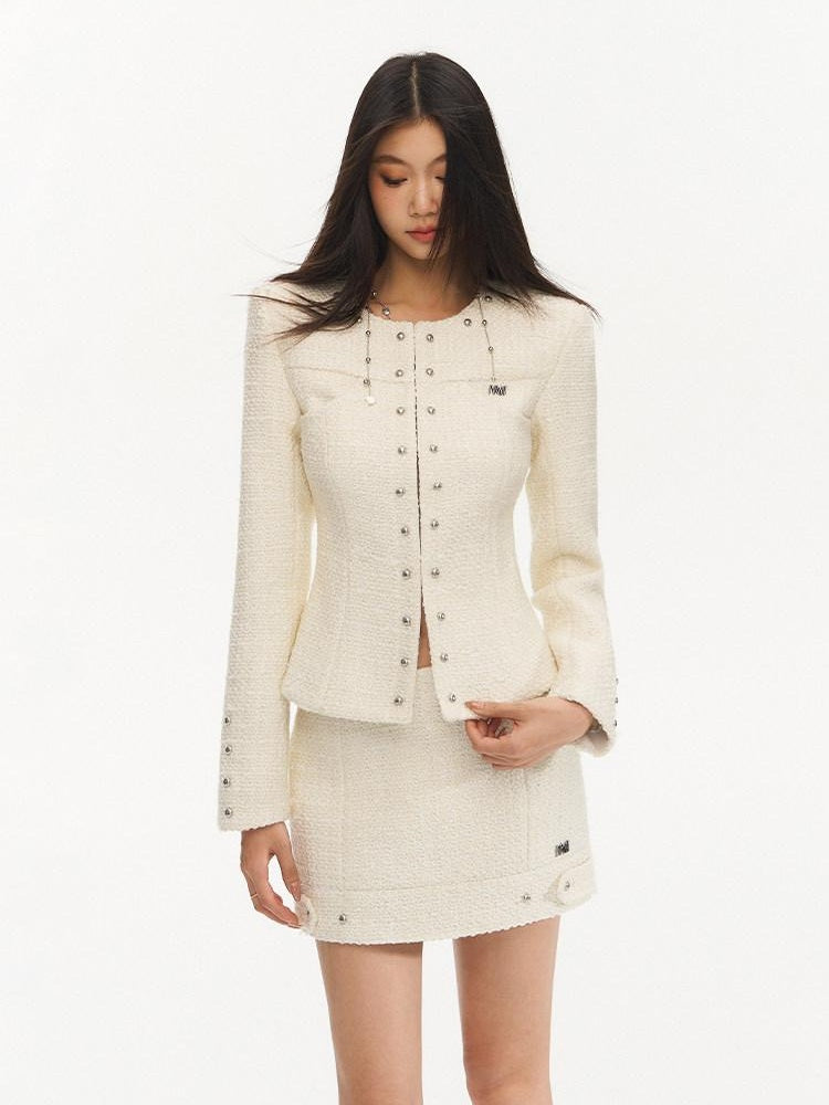 NAWSNOTAWEAR Wool Blend Two Piece Set Long Sleeve Round Neck Women Pearl White Mini Skirts