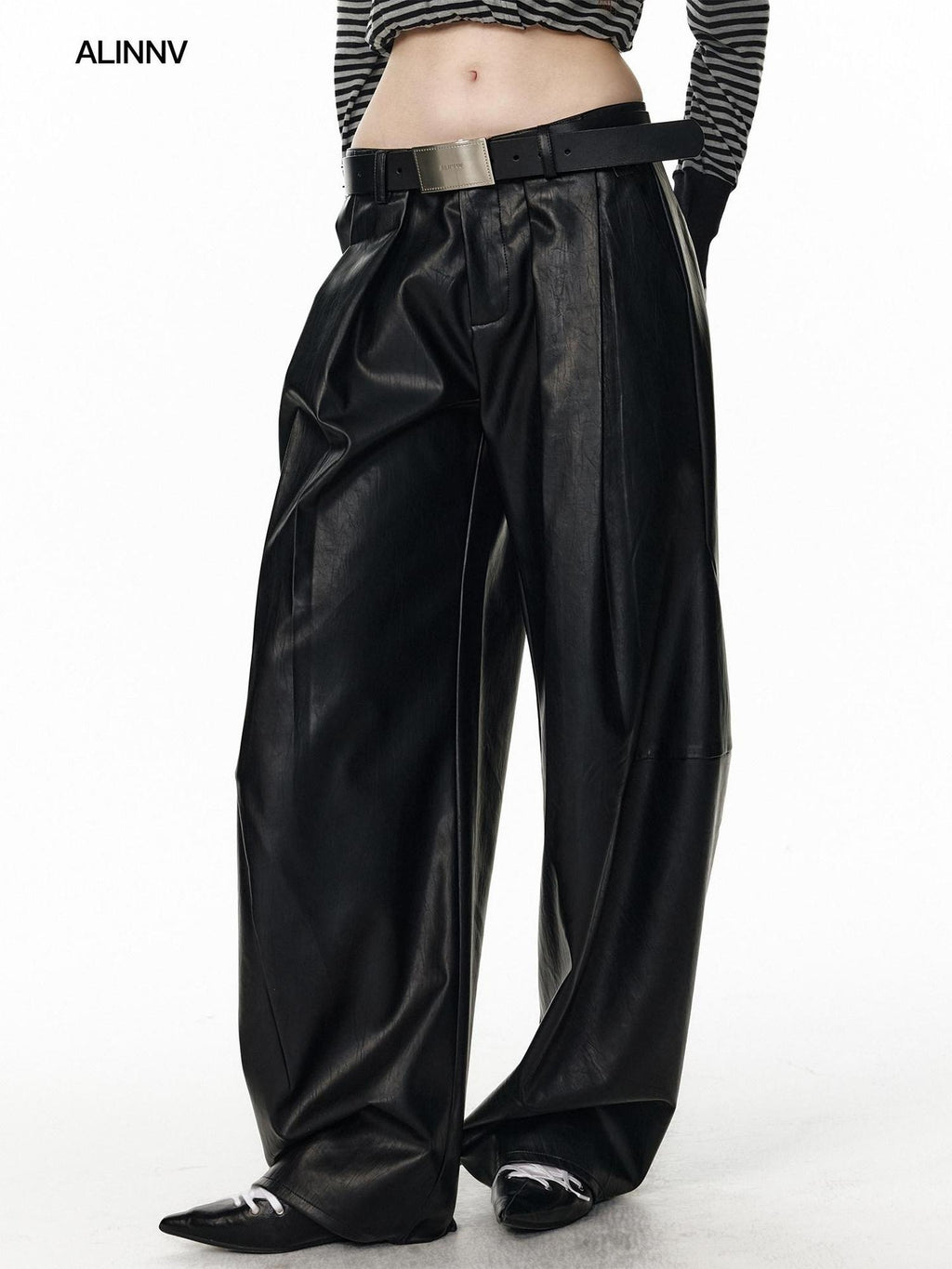 ALINNVSTUDIO Pu Leather Utility Natural Waist Curved Seam Black Women Wide Leg Pants