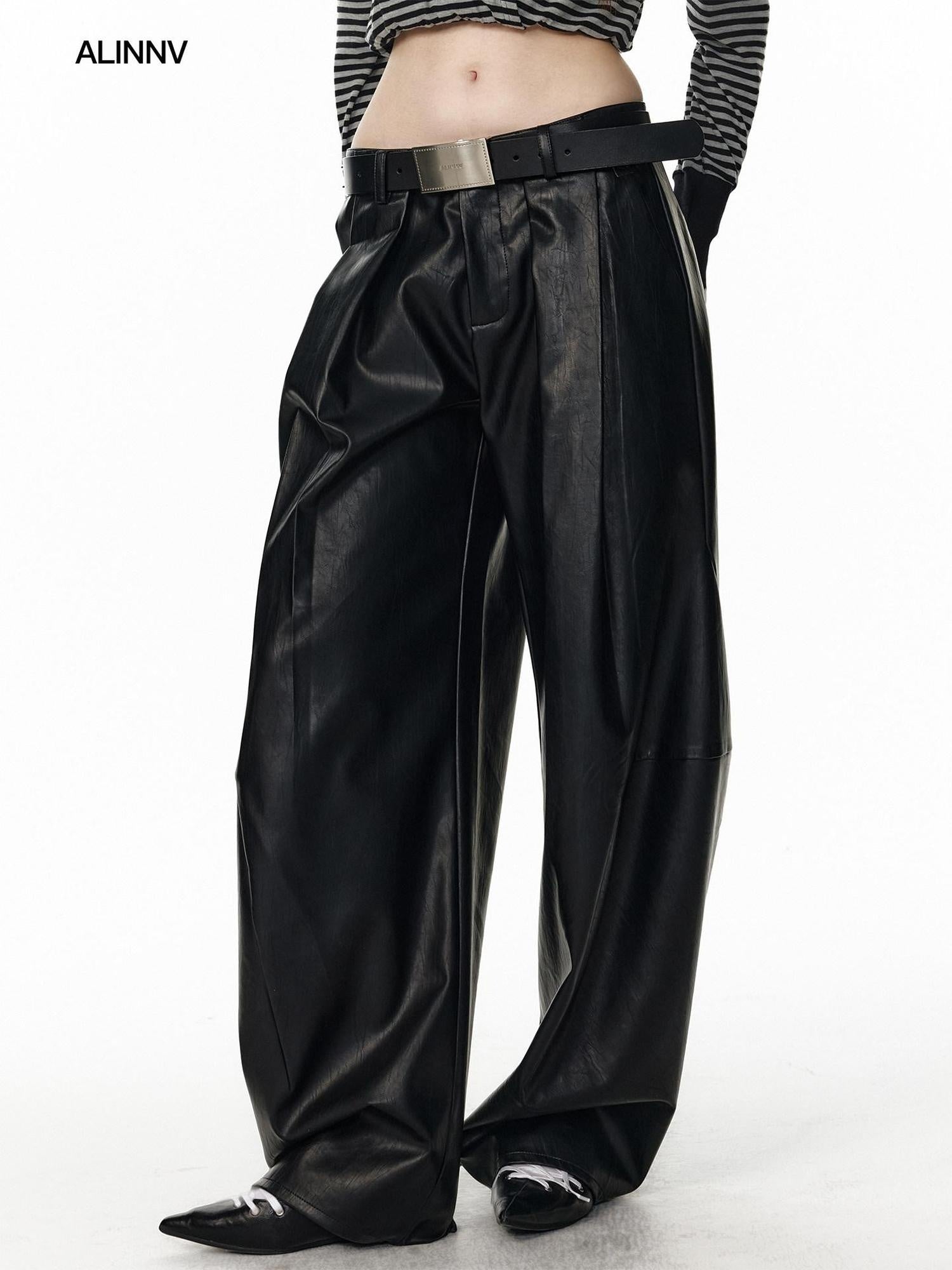 ALINNVSTUDIO Pu Leather Utility Natural Waist Curved Seam Black Women Wide Leg Pants
