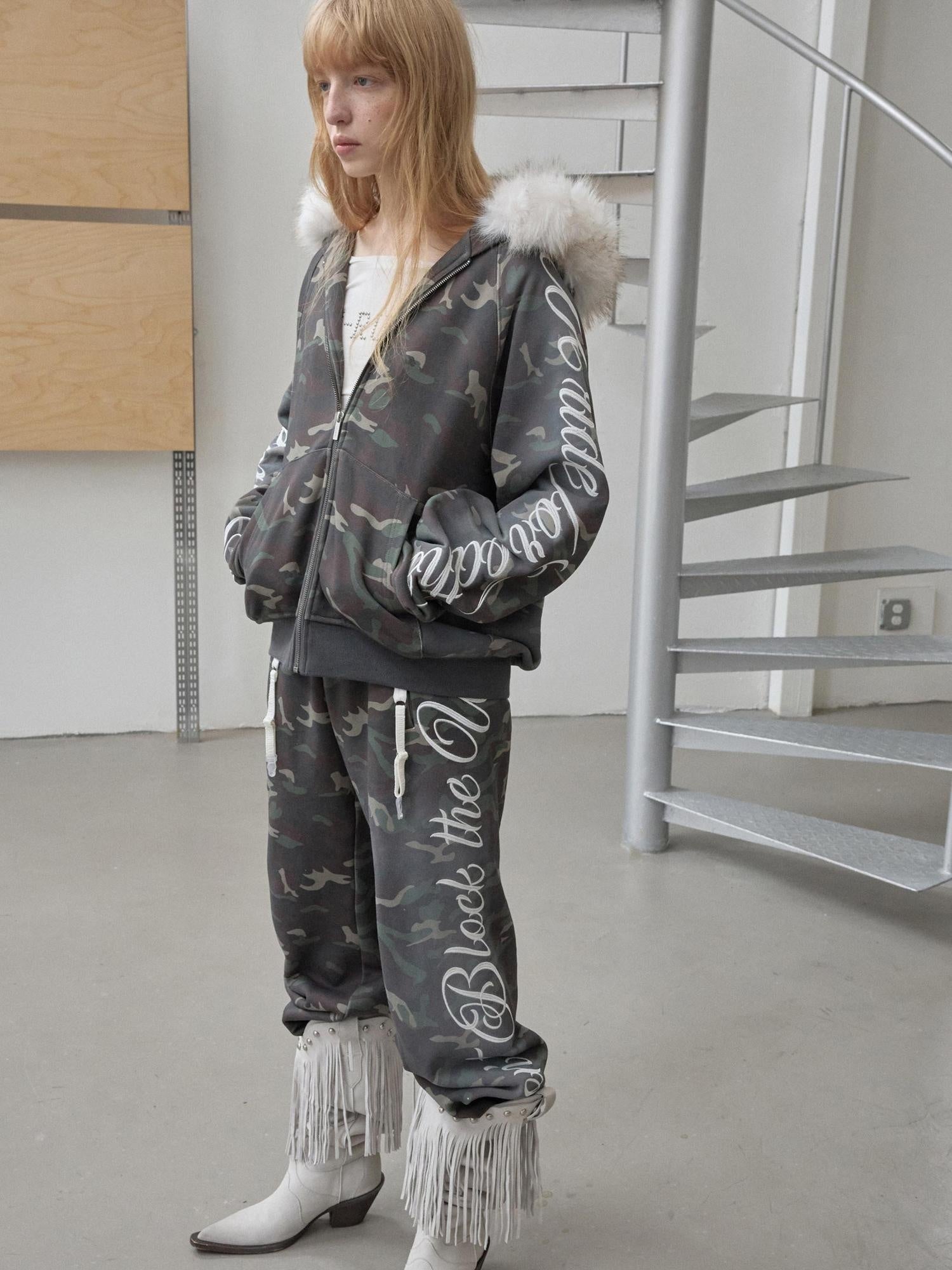 1JINN STUDIO Camouflage Embroidered Cotton Casual Long Sleeve Long Pants Top & Pants Sets