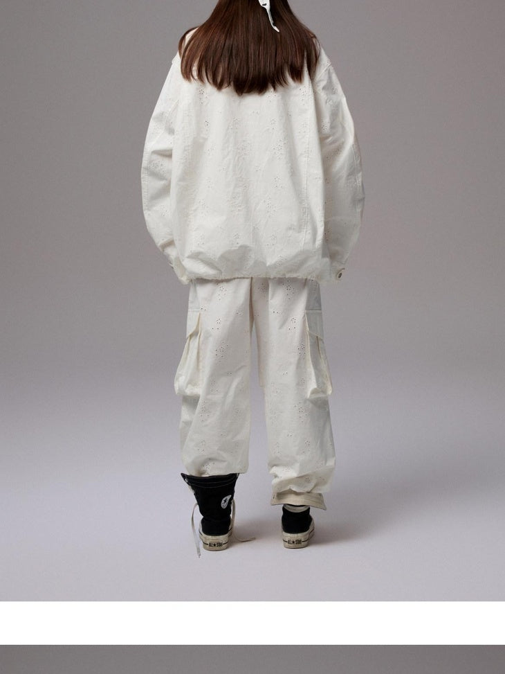 1JINN STUDIO Versatile Minimal Loose Flared Low Rise Zip Fly Cotton Jacquard Cargo Pants