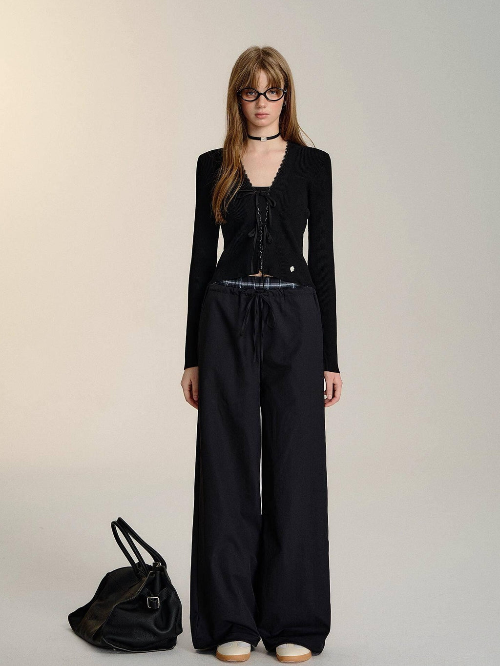 SOMESOWE Minimalist Double Waist Drawstring Natural Waist Office Women Wide Leg Pants
