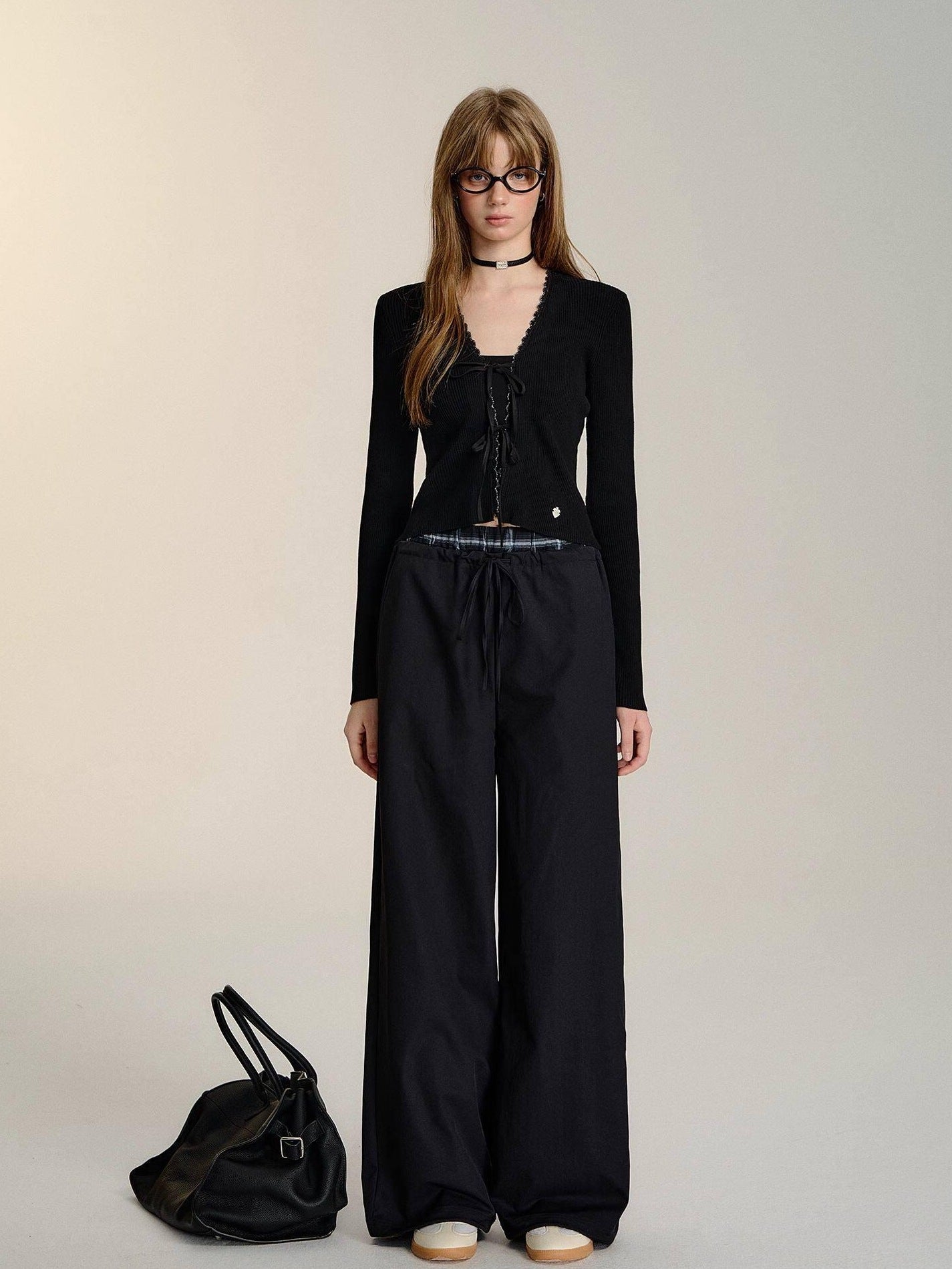 SOMESOWE Minimalist Double Waist Drawstring Natural Waist Office Women Wide Leg Pants