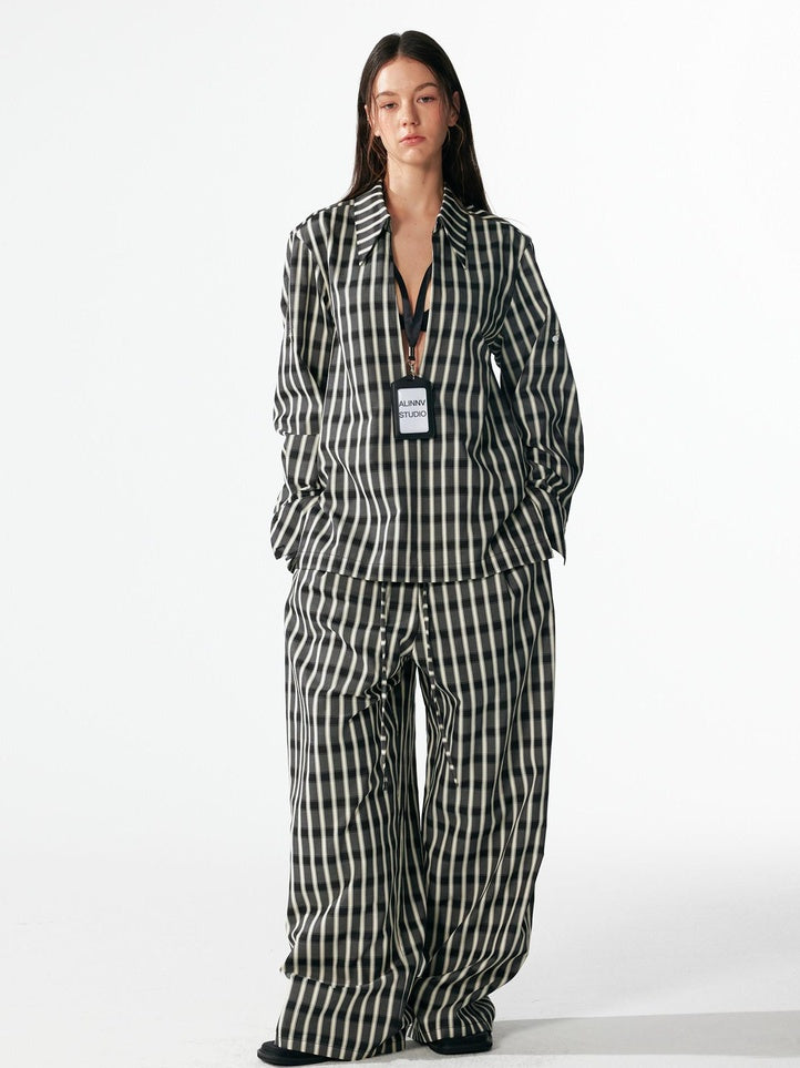 ALINNVSTUDIO Minimalist Loose Fit Square Neck Plaid Pullover Women Top & Pants Sets