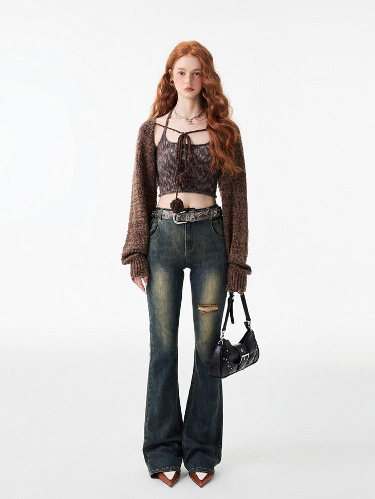 1JINN STUDIO Thick Micro Stretch Vintage Washed Slim Natural Waist Women Denim Flared Jeans