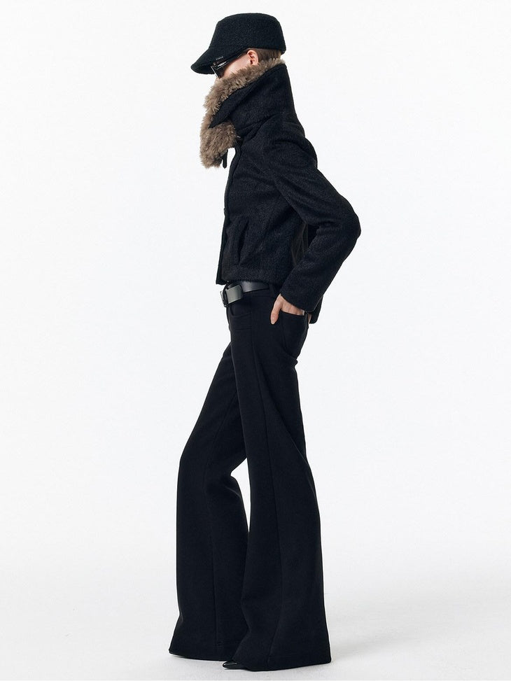 ALINNVSTUDIO Warm Low Rise Casual Zip Fly Slight Stretch Black Women Flared Pants