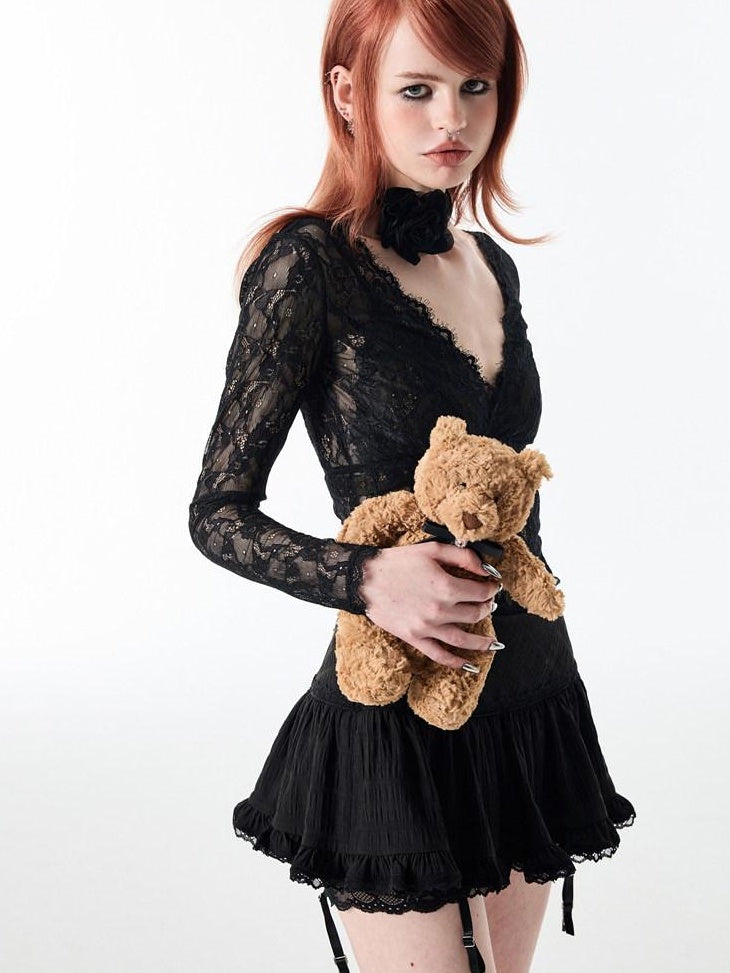 1JINN STUDIO Lace Tiered A Line Mid Waist Commuter Daily Youth Black White Mini Skirts