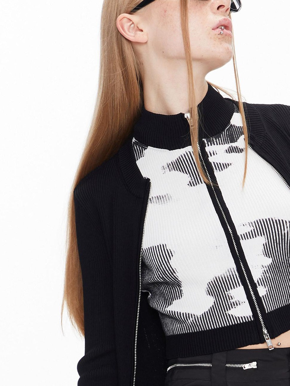 ALINNVSTUDIO Double Zipper Solid Knit Low Scoop Neck Office Casual Long Sleeve Cardigans