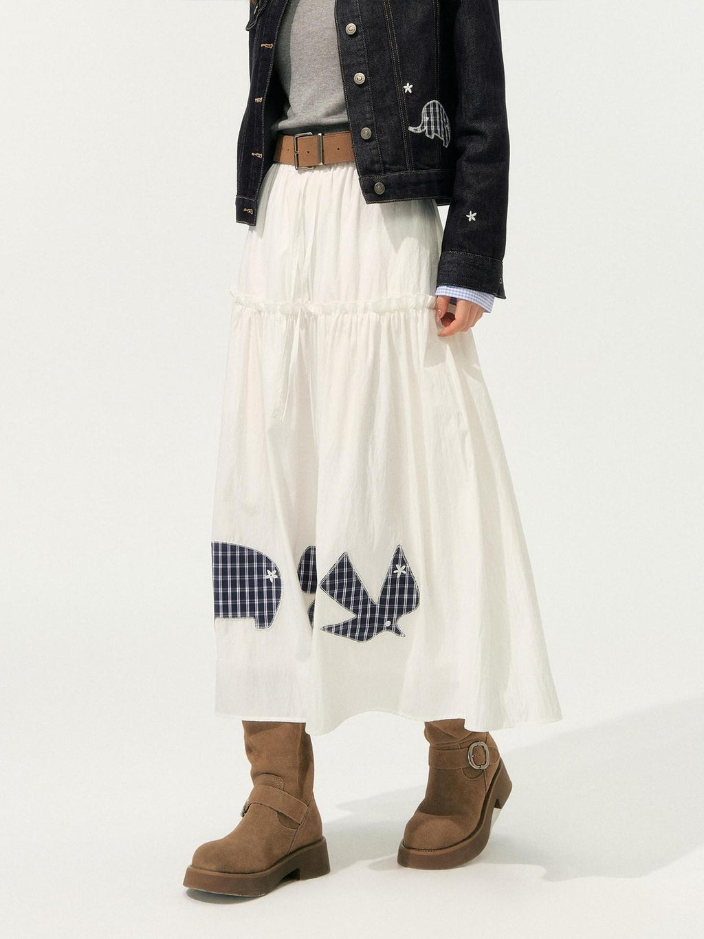 SOMESOWE High Waist French A Line Patch Detail Loose Fit Casual White Maxi Skirts