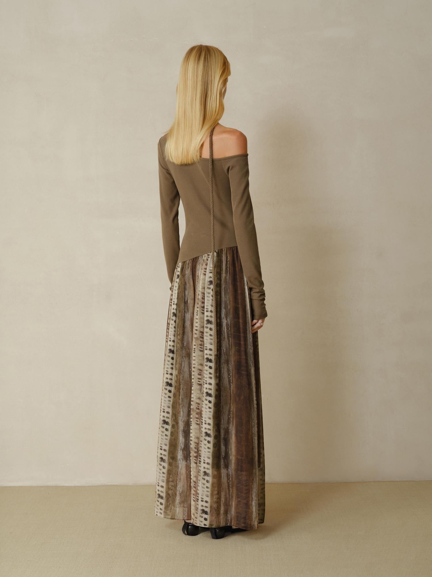 someonesometimes Chiffon Ruched Oil Painting Ombre One Shoulder V-neck A Line Girls Maxi Dresses