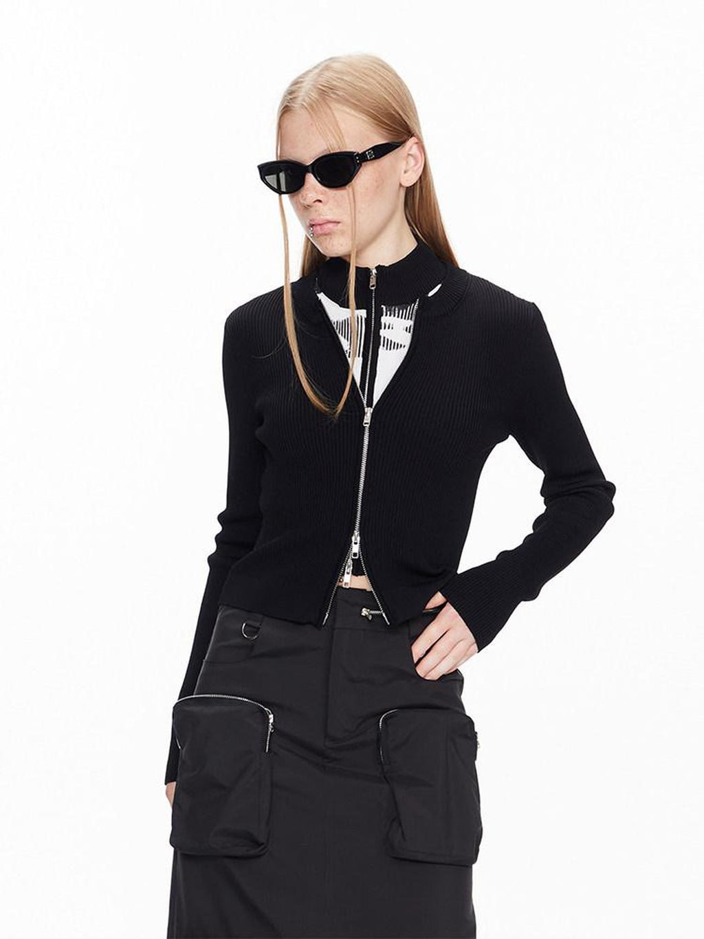 ALINNVSTUDIO Double Zipper Solid Knit Low Scoop Neck Office Casual Long Sleeve Cardigans