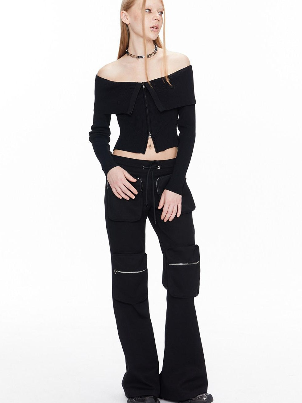 ALINNVSTUDIO Black Long Sleeve One Size Open Front Office Style Solid Off Shoulder Crop Tops