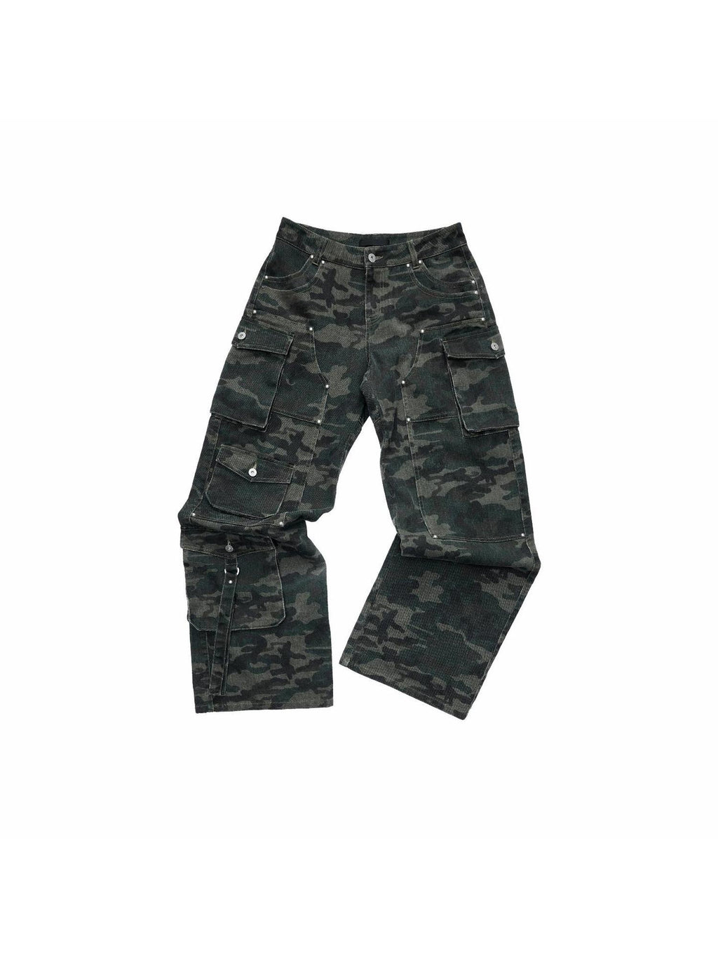 1JINN STUDIO Soft Cotton Camo Low Rise Casual Zipper Front Ladies Wide Leg Pants