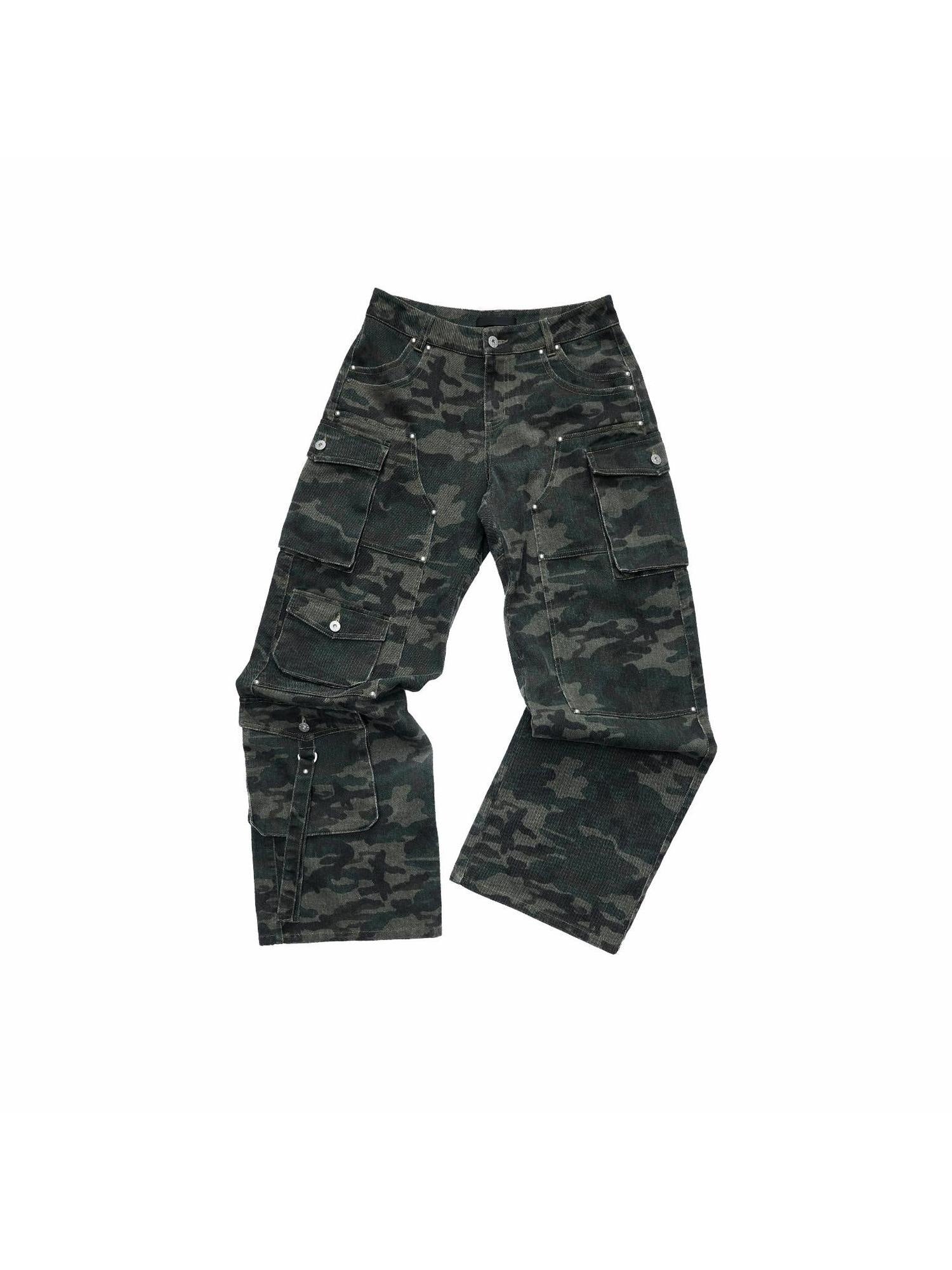 1JINN STUDIO Soft Cotton Camo Low Rise Casual Zipper Front Ladies Wide Leg Pants