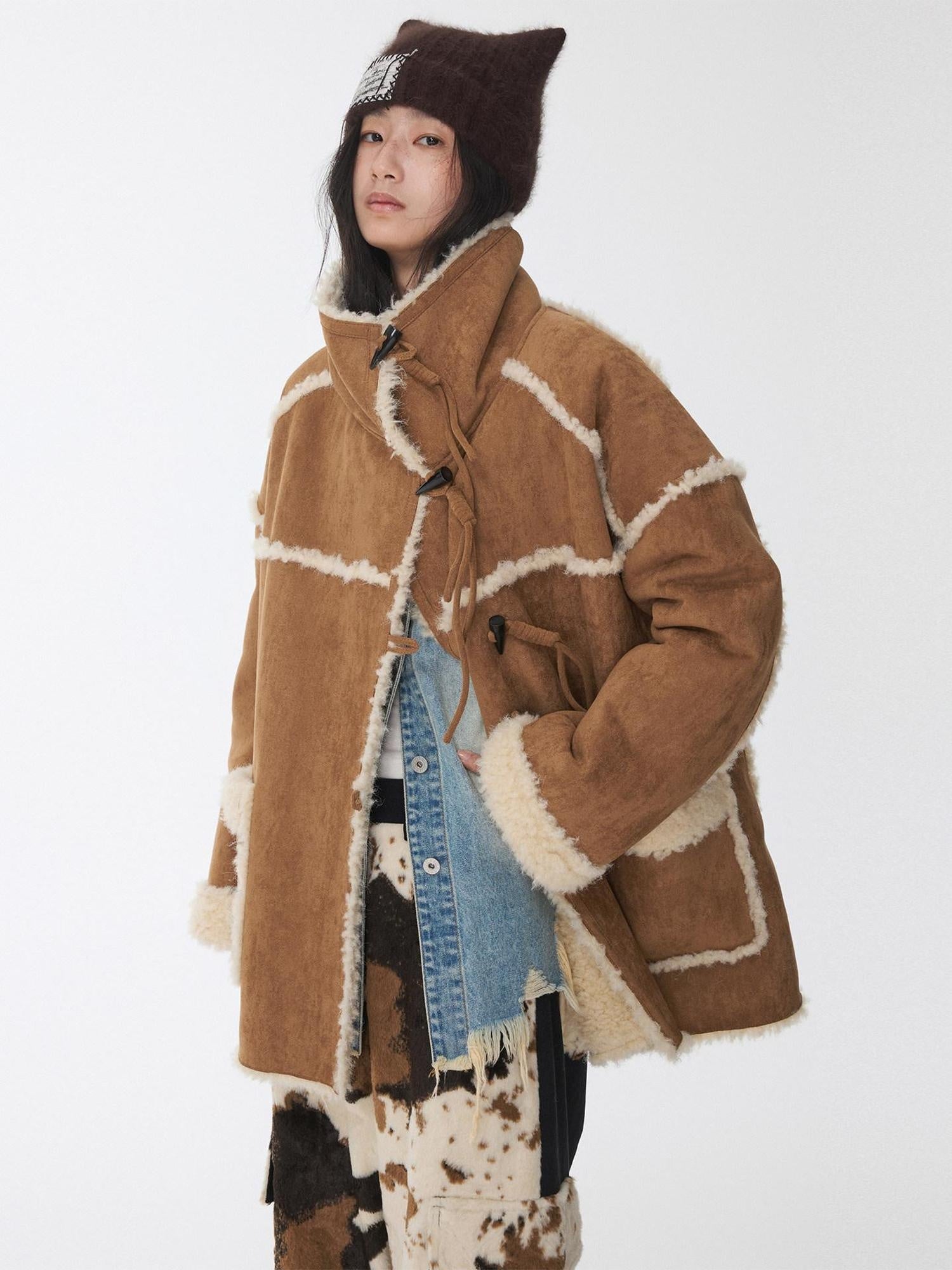 1JINN STUDIO Reversible Vintage Stand Collar Short Button Womens Chic Faux Fur Coats