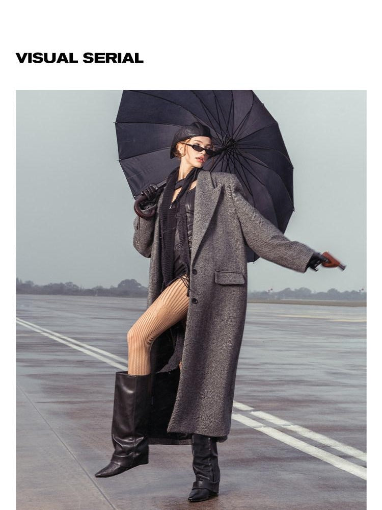 NAWSNOTAWEAR Herringbone Wool Blend Loose Fit Blazer Collar Women Single Breasted Wool Coats